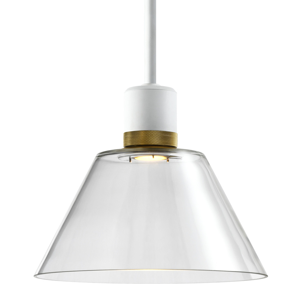 12" LED 3CCT Clear Cone Glass Pendant Light and Matte White with Brass Metal Finish