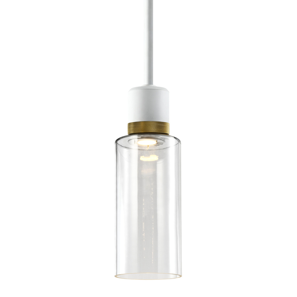 6" LED 3CCT Cylindrical Drum Pendant Light, 12" Clear Glass and Matte White with Brass Metal