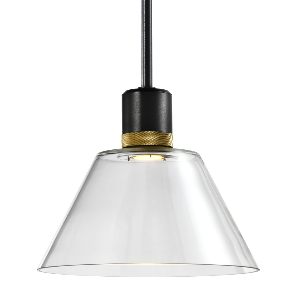 12" LED 3CCT Clear Cone Glass Pendant Light and Satin Brushed Black with Brass Metal Finish