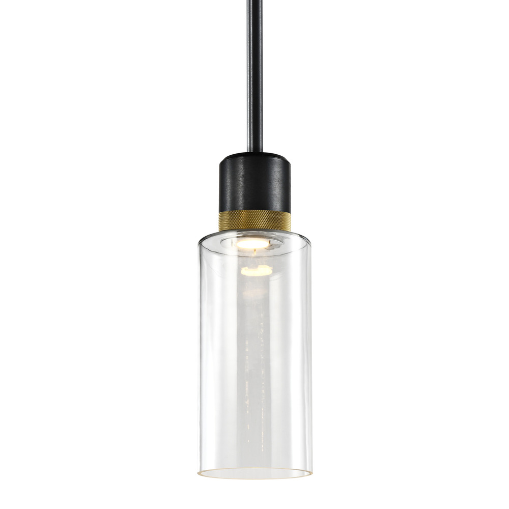 6" LED 3CCT Cylindrical Drum Pendant Light, 12" Clear Glass and Satin Brushed Black with Bra
