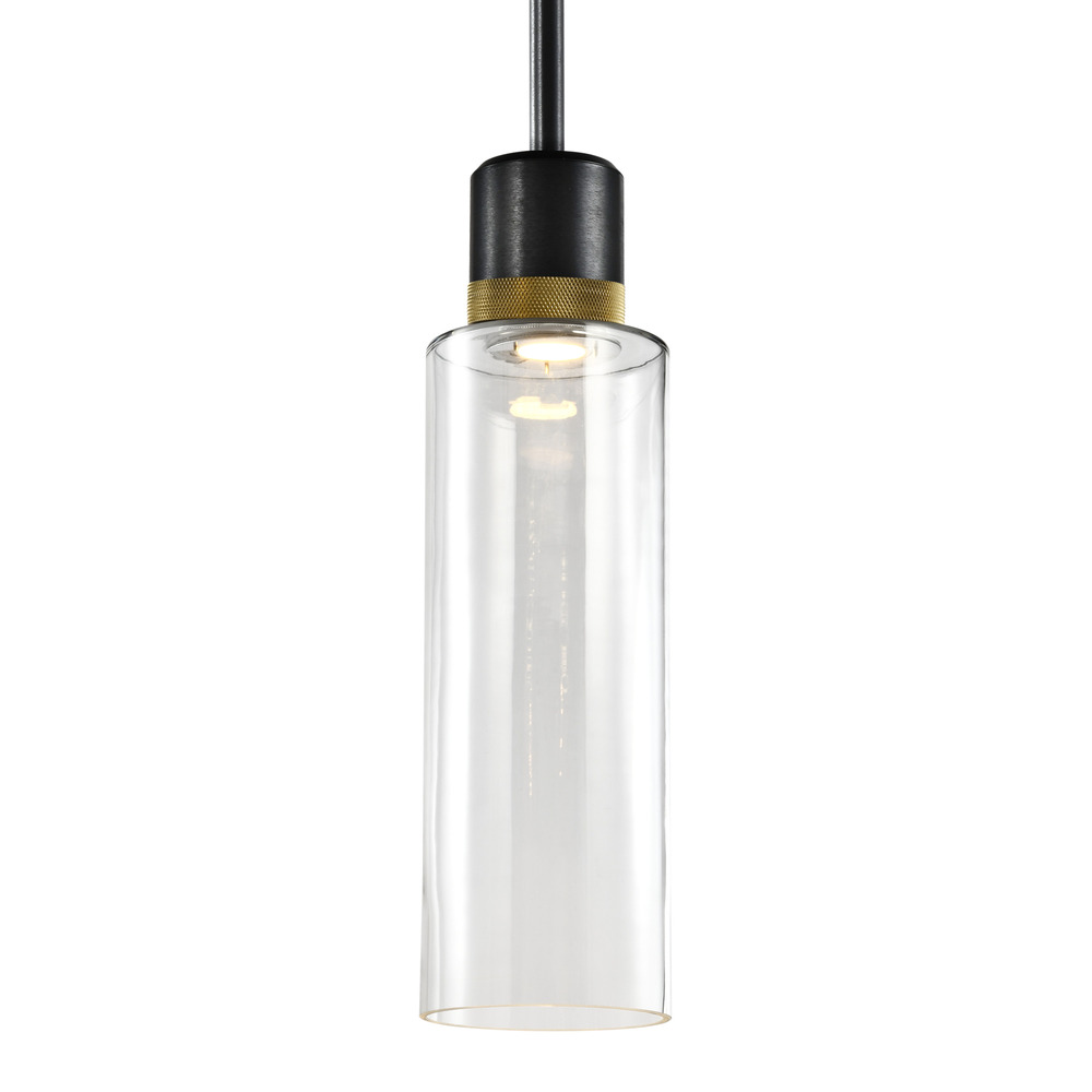 6" LED 3CCT Cylindrical Drum Pendant Light, 18" Clear Glass and Satin Brushed Black with Bra