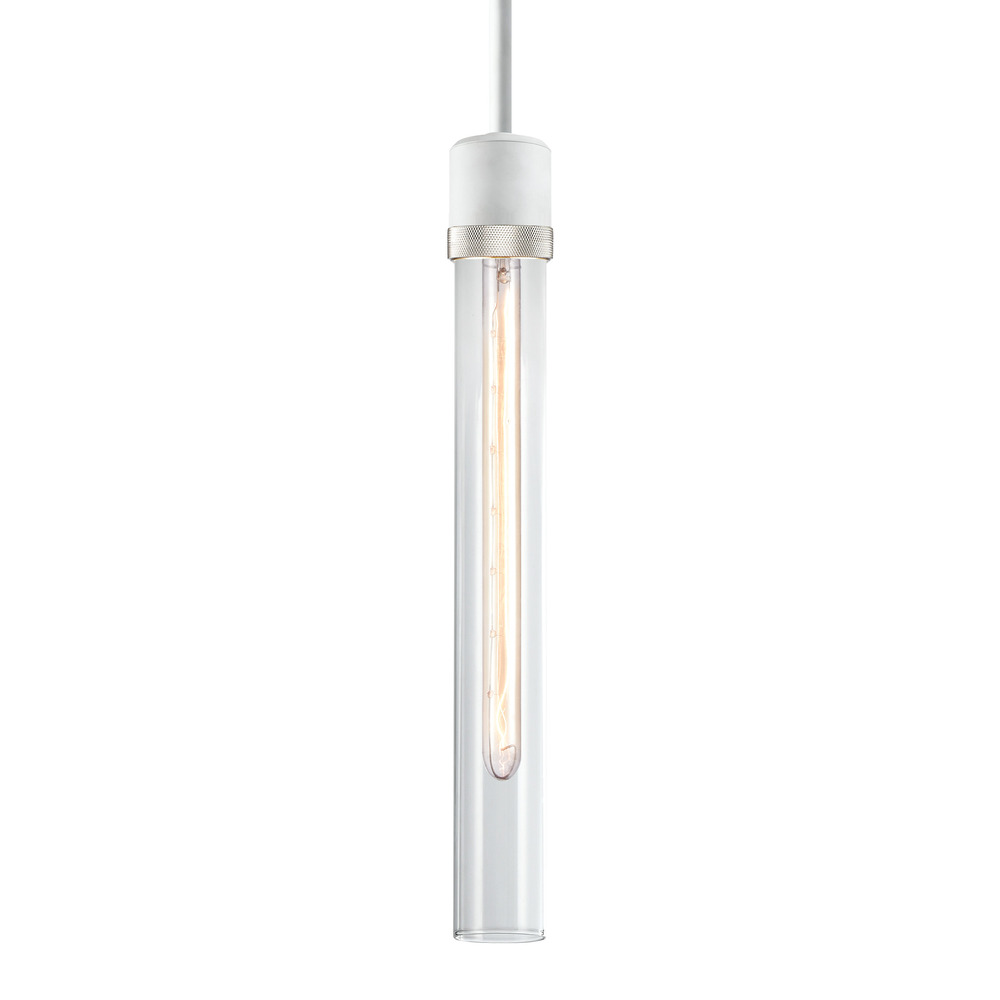 3" E26 Cylindrical Pendant Light, 18" Clear Glass and Matte White with Nickel Finish