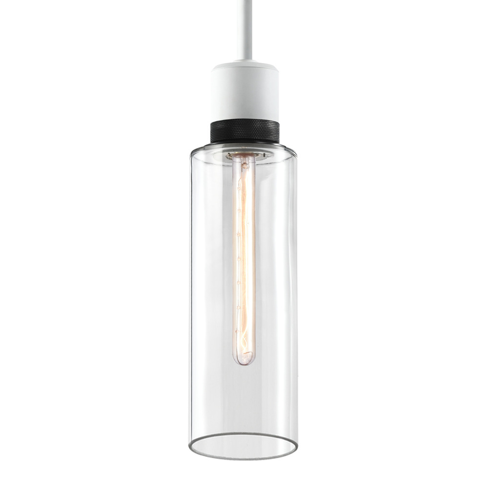 6" E26 Cylindrical Drum Pendant Light, 18" Clear Glass and Matte White with Black Metal Fini