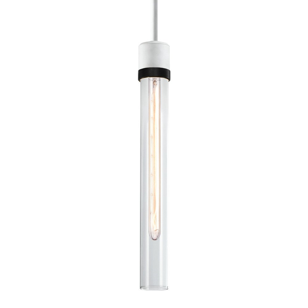 3" E26 Cylindrical Pendant Light, 18" Clear Glass and Matte White with Black Finish