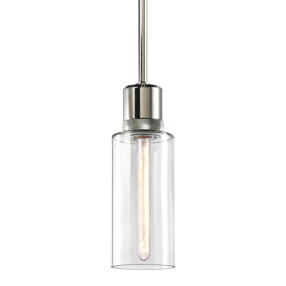 6" E26 Cylindrical Drum Pendant Light, 12" Clear Glass and Polished Nickel Metal Finish