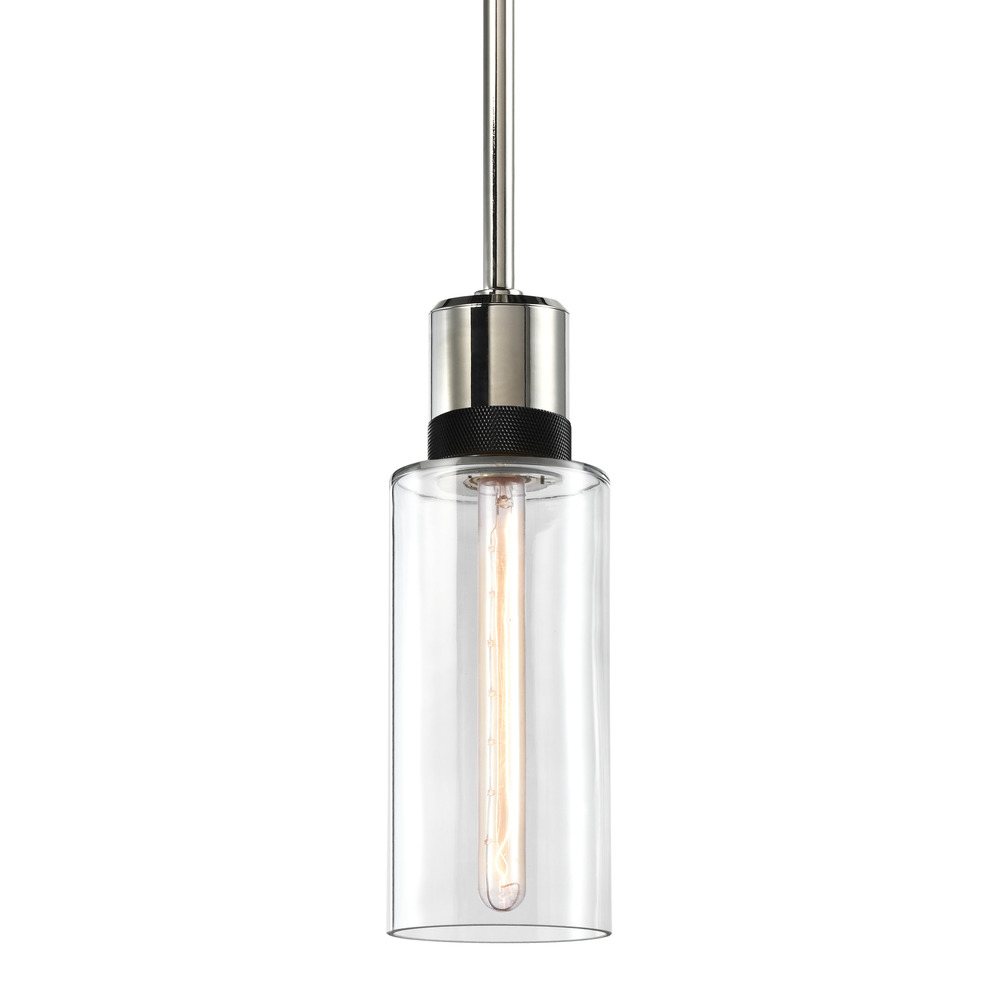 6" E26 Cylindrical Drum Pendant Light, 12" Clear Glass and Polished Nickel with Black Metal