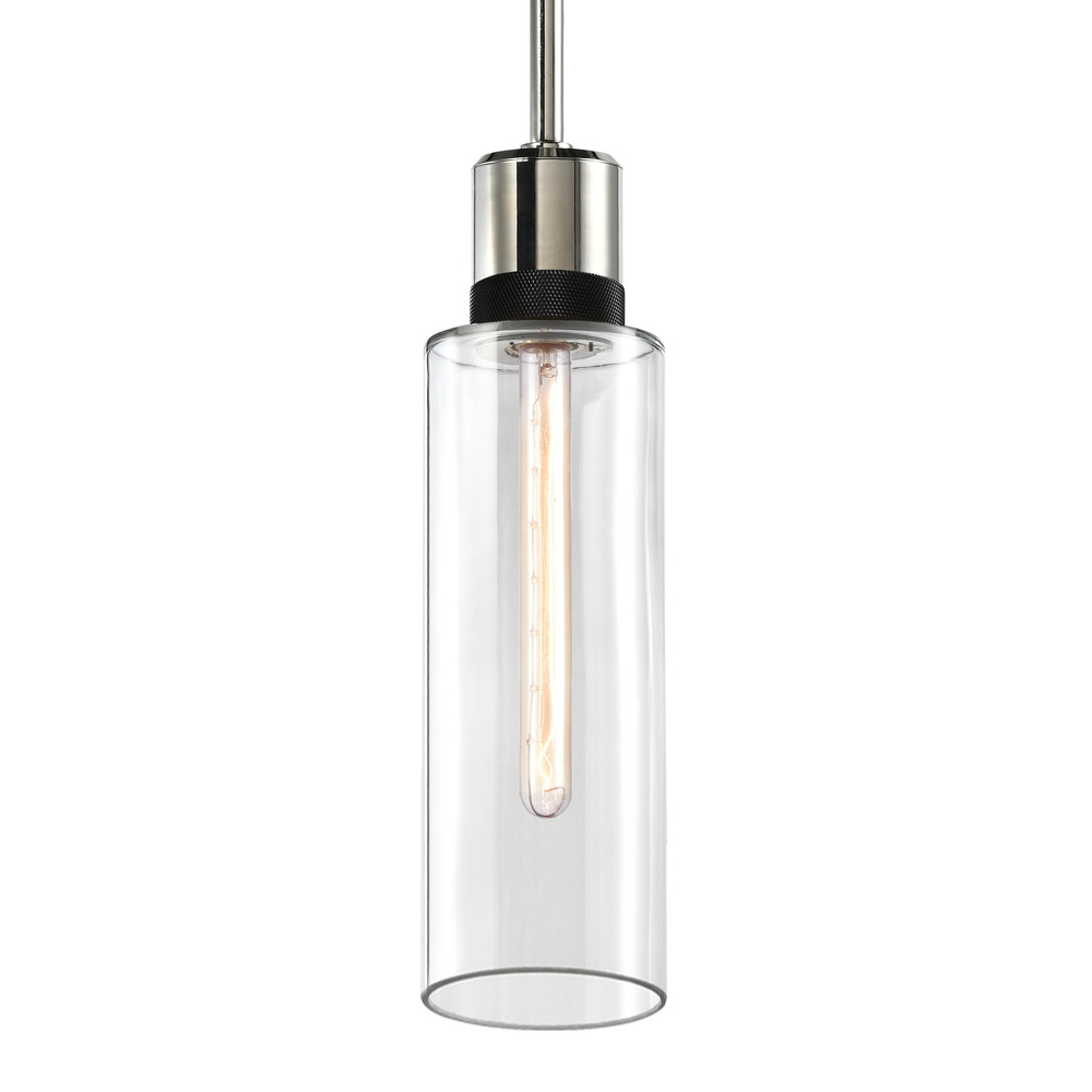6" E26 Cylindrical Drum Pendant Light, 18" Clear Glass and Polished Nickel with Black Metal