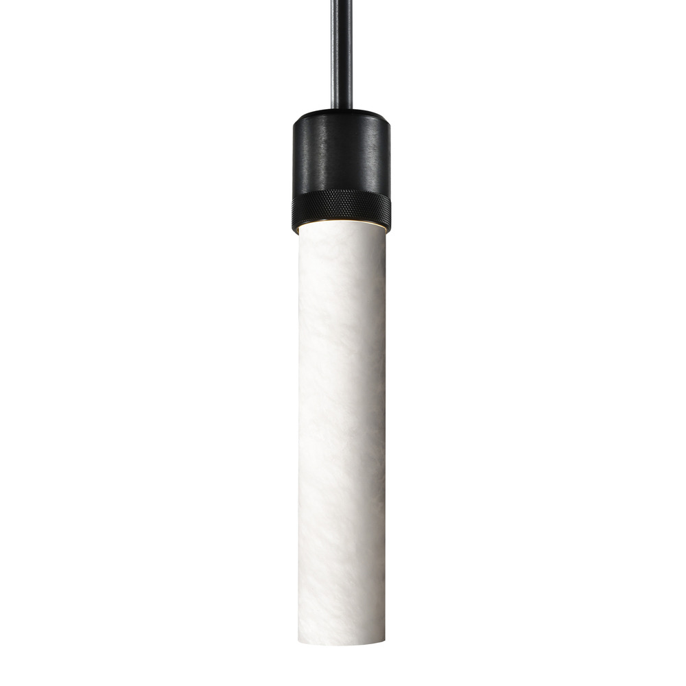 3" E26 Cylindrical Pendant Light, 12" Spanish Alabaster and Satin Brushed Black Finish