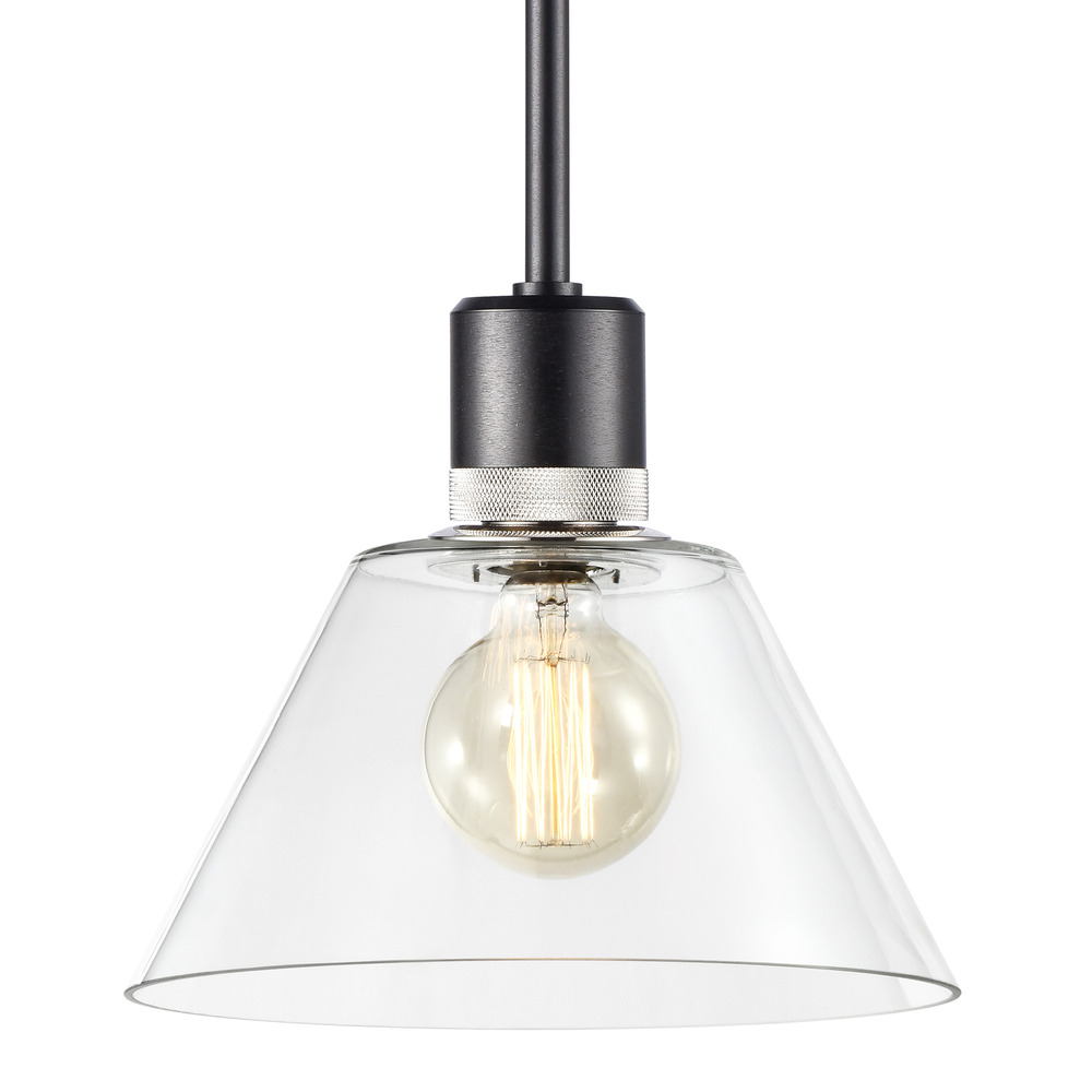 12" E26 Clear Cone Glass Pendant Light and Satin Brushed Black with Nickel Metal Finish