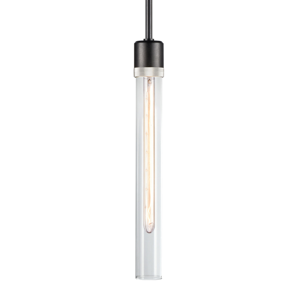 3" E26 Cylindrical Pendant Light, 18" Clear Glass and Satin Brushed Black with Nickel Finish